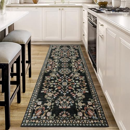 MUJOO Washable Runner Rug 2x6 Area Rug Non Slip Ultra-Thin Floral - color: Black, size: 2' x 6' (Rectangular)