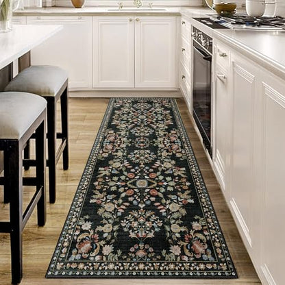 MUJOO Washable Runner Rug 2x6 Area Rug Non Slip Ultra-Thin Floral - color: Black, size: 2' x 6' (Rectangular)