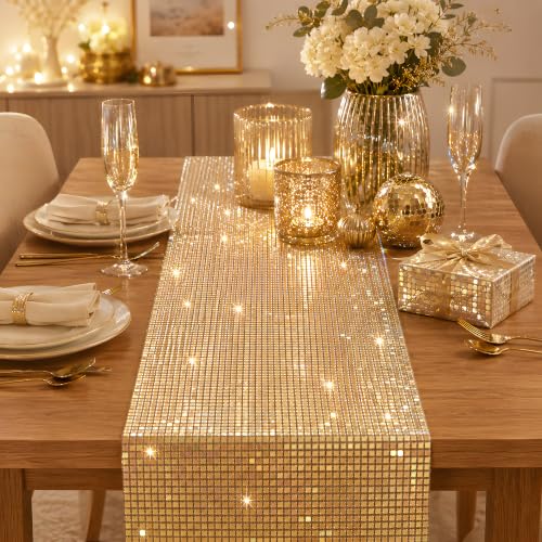 Disco Party Decorations - Gold Glitter Disco Table Runner - color: Gold Sequin Glitter