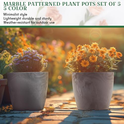 CroBlissful 5 Pack Flower Pots 5 Inch Outdoor Plant Pots for Indoor Marble Pattern Plastic Tree Planters with Drainage Holes Gardening Gifts for Patio Home Garden Desk Decoration