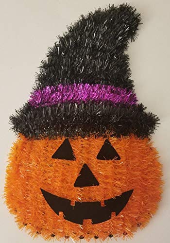 PUMPKIN TINSEL HEAD WITCH WALL PLAQUE HANGING HALLOWEEN DECORATION 9"X14"