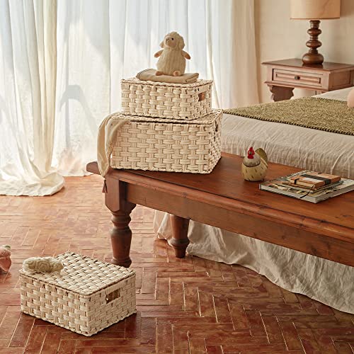 GRANNY SAYS Wicker Baskets with Lids, Woven Storage Basket with Lid - color: Butter Milk, size: 3 Pack