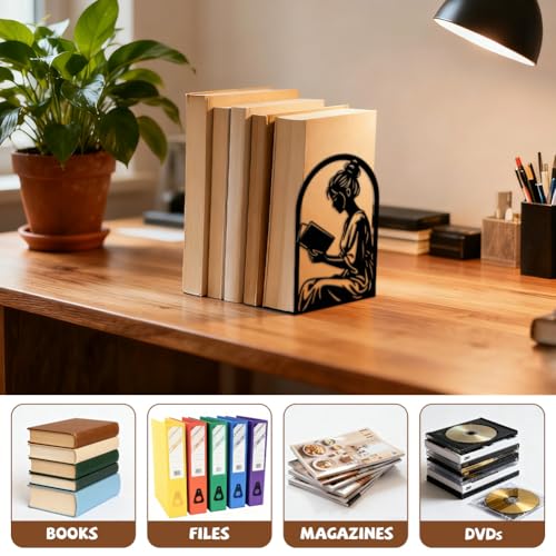 Peacoblue 5.3"x4.3"x7.9" Metal Bookends, Heavy Duty Book Ends for Shelves - style: Reading Girl