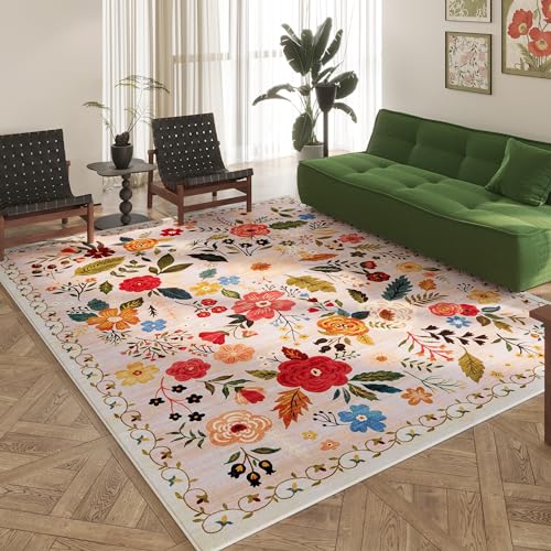 Rugcomf Area Rugs 9x12 Living Room Clearance Washable Boho Rug Non Slip Floral Vintage Low Pile Large Rug for Living Room, Bedroom, Farmhouse, Dining Room, Kids Playroom(Beige) - color: Beige, size: 9' x 12' (Rectangular)