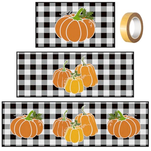 Fourluoo 3 Pcs Fall Pumpkin Kitchen Rugs and Mats Buffalo Plaid - color: Pumpkin