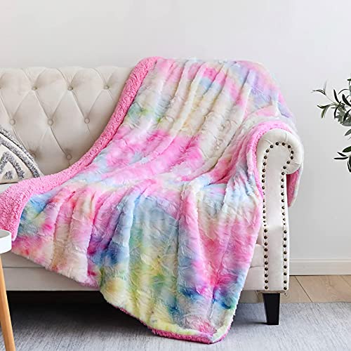 NEWCOSPLAY Faux Fur Sherpa Throw Blanket for Couch, Light Rainbow, 40"x50" - color: Light Rainbow, size: Throw(40"x50")