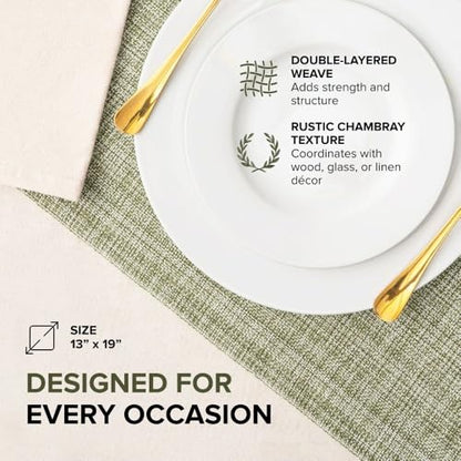 Cotton Placemats Set of 6-13x19 Inch, Woven Chambray Place Mats, Durable & Elegant for Dining Table, Wedding, Restaurant, Machine Washable, Oeko-TEX Certified - Green - color: Green - Chambrey