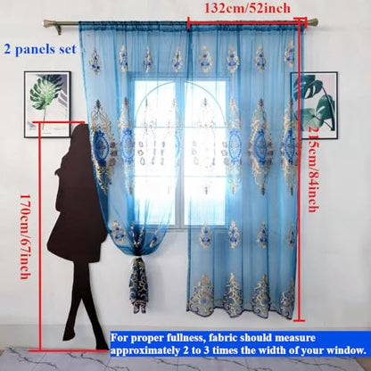 Amidoudou Rod Pocket Curtains European Luxury Sheer Embroidered Curtains for Living Room Bedroom Tulle Curtain (Blue,52" W x 84" L (Pack of 2)) - color: Blue, size: 52"W x 84"L (Pack of 2)