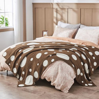 CozeCube Reversible Knitted Throw Blanket, Brown White Polka Dot, 50"x60" - color: D-brown and White, size: 50"x60"