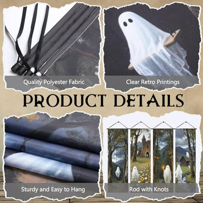 GlikCeil 4 Pack Halloween Banner 47x15in Vintage Ghost Farmhouse Backdrop