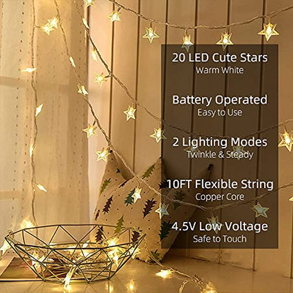 Yummuely Star String Lights 10Ft 20 LED Fairy Lights Battery Operated Waterproof Indoor Outdoor Twinkle Christmas Lights for Bedroom Party Wedding Xmas Tree Decoration (Warm White) - size: Star Lights