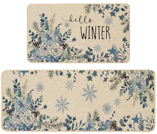 Baccessor Christmas Kitchen Rugs Set of 2, 17x29 and 17x47 Inch - color: Blue Flower