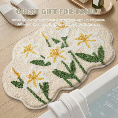Cloud-Shaped Lily Bath Mat, Soft Non-Slip Fluffy Fresh Flowers Bathroom Rug, Ultra Absorbent Microfiber Shaggy Door Mat, Machine Washable Bath Rug Carpet for Bathtub Bedroom 20x31 Inch (White Lily) - color: White Lily