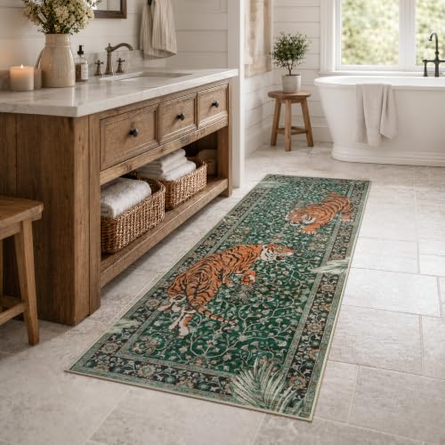 Moynesa Washable 2x6 Boho Tiger Runner Rug, Non Slip Runner for Hallway - color: Green, size: 2' x 6' (Rectangular)