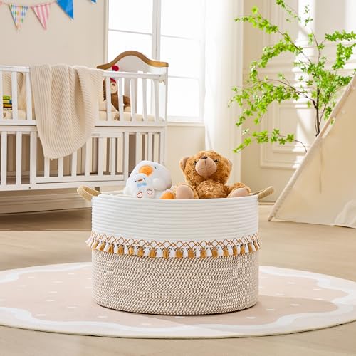 KAKAMAY Large Blanket Basket with Handles, Storage Basket for Living Room - color: Brown and Taupe