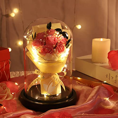 Beauty and The Beast Rose,Lasts Forever Pink Roses,Light Up Rose in Glass Dome,Gifts for Women,Birthday Gifts for Mom,Wife,Grandma,Anniversary,Mothers,Thanksgiving,Christmas Flowers Gifts - color: Pink