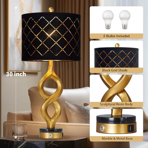 Cinyirong 30" Black and Gold Table Lamps Set of 2 for Bedroom, Modern Touch Control Bedside Lamps for Living Room, 3-Way Dimmable Sculptural Resin Nightstand Lamps with USB A+C Ports and 2 LED Bulbs - color: Black & Gold (2 Pack)