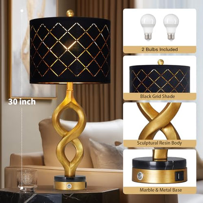 Cinyirong 30" Black and Gold Table Lamps Set of 2 for Bedroom, Modern Touch Control Bedside Lamps for Living Room, 3-Way Dimmable Sculptural Resin Nightstand Lamps with USB A+C Ports and 2 LED Bulbs - color: Black & Gold (2 Pack)