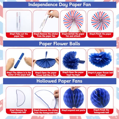 24 Pcs Patriotic 4th of July Decorations Kit, Paper Fans Pom Poms 8-16 in - color: Red, White and Blue