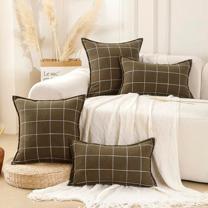 Pure Linen Plaid Throw Pillow Covers 18x18, Set of 2, Khaki - color: Khaki, size: 18x18inch