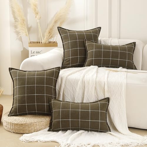 Pure Linen Plaid Throw Pillow Covers 24x24, Set of 2, Khaki - color: Khaki, size: 24x24inch