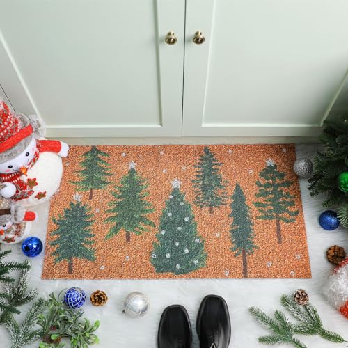 Dunzy Christmas Doormat Outdoor Snowy Forest Welcome Faux Coir Non-Slip Mat - style: Green Christmas Tree