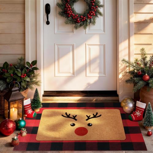 2-Piece Christmas Door Mat Set, Coir Front Door Mat & Red Black Plaid Mat - color: Red and Black