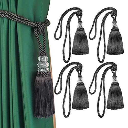 Tassel Curtain Tiebacks Handmade Curtain Tie Backs, Elegant Crystal Curtain Holdbacks for Home Office Decor (Charcoal, 4P) - color: Charcoal, size: 4P