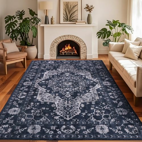 nesrt Washable 6×9 Area Rugs for Living Room, Soft Faux Wool Boho Large Bedroom Rugs Non Slip, Low Pile Vintage Printed Area Carpet for Dining Room Nursery Office Retro Indoor Decor (Blue) - color: Blue, size: 6' x 9' (Rectangular)