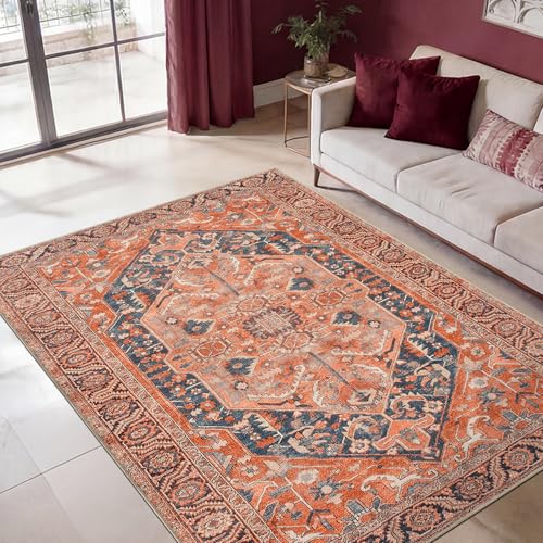 Keen Home Design Vintage Washable Area Rug, Non-Slip Low Pile, 4x6 - color: Orange/Blue, size: 4' x 6' (Rectangular)