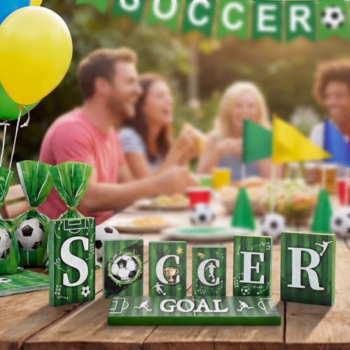 Smile Soccer GOAL Wooden Block Decor Set, 7-Piece Field Vertical Blocks Tiered Tray Tabletop Signs for Game Day & Sports Party Decorations - style: Soccer