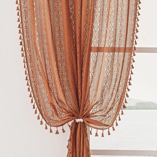 WAZZIO Boho Lace Curtains 84 inch Curtains 2 Panel,Rod Pocket Vintage Bohemian Farmhouse Crochet Cotton Geometry Privacy Sheer Curtain Drapes Farmhouse for Living Room Bedroom,Bunrt Orange - color: Burnt Orange, size: 59"W x 84"L (Pack of 2)