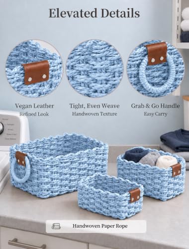 Small Wicker Baskets, 3 PCS Paper Rope Baskets for Shelves, Light - color: Light Blue