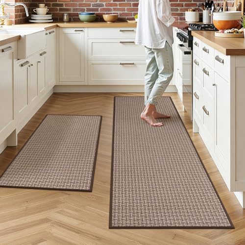 Ileading Kitchen Rugs Set of 2, Anti Fatigue Cushioned Floor Mats for Kitchen, Non Slip Rubber Backing Polypropylene Woven Runner Rug, Heavy Duty & Slip Resistant Standing Mat - color: Golden&brown, size: 19"x31.5"+19"x59"