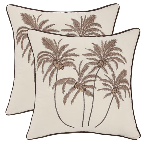 Embroidered Pillow Covers 18x18 Brown Coconut Trees Fall Decor - color: Brown Coconut Palm Trees