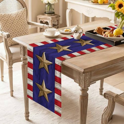 Independence Day Table Runner 36 Inches Long,American Flag Stripe Stars Retro Cotton Linen Table Runners Dresser Scarves,Blue Red Flag Tabletop Scarf Furniture Cover for Home Dinner Party 13"x36" - color: Blue Red, size: 13x36 Inches
