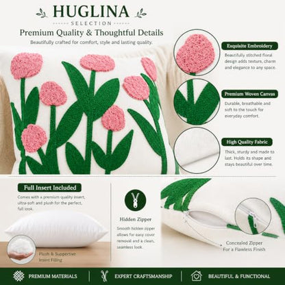 SELECTION Embroidered Floral Throw Pillow, 18x18 Inch Decorative Pillow with Insert Included, Ivory White Woven Canvas Cushion, Pink Flower Embroidery, Hidden Zipper, Farmhouse Boho Home Decor
