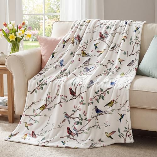 Horaldaily Spring Summer Birds Branch White Flannel Throw Blanket 50x60 - color: White, size: Throw(50x60'')