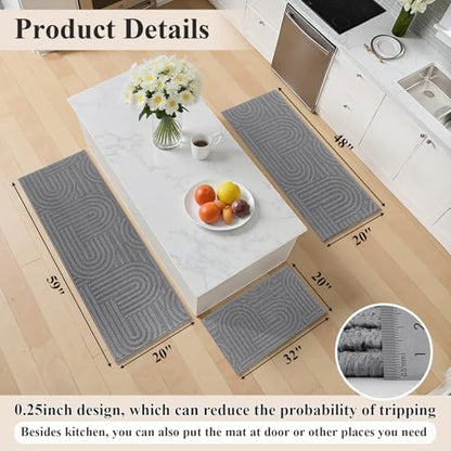 U'Artlines Kitchen Rugs and Mats Set of 3, Grey 20x32+20x48+20x59 - color: Grey