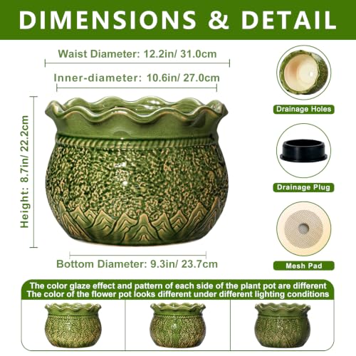 Ceramic Flower Pots, 12 Inch Planter with Drainage, Crack Green - color: Crack Green, size: 12 Inch