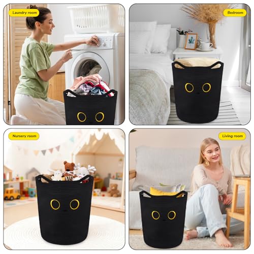 Tall Black Cat Laundry Basket for Nursery, Cute Large Woven Cotton Rope - color: Black, size: 15 × 18 inches