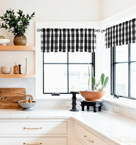 Black White Buffalo Check Valance Curtains Kitchen Plaid Window Top 52x15" - color: Black and White, size: 50"W x 15"L (Pack of 1)