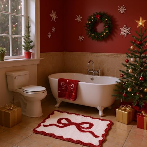 Tinideya Red Bow Bathroom Rug 16" x 24" Scalloped Bow Bath Mat - color: Red, size: 16" x 24" (Rectangular)
