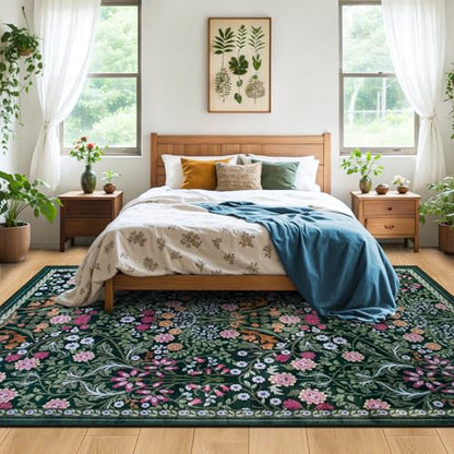PLHXFR Area Rug 10x12 Living Room: Floral Washable Boho Carpet Dark Green - color: Dark Green, size: 10' x 12' (Rectangular)