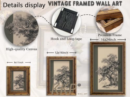 KKP Vintage Tree Sketch Framed Wall Art Antique Old Oak Tree Landscape Drawing Print Classic Forest Green Background Farmhouse Dark Academia Wall Decor for Living Room Study Library Hallway 12x16 Inch - color: Tree Sketch, size: 16"L x 12"W