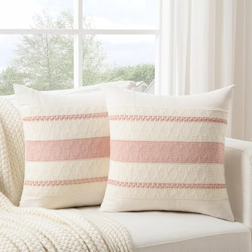 Fancy Homi Set of 2 Boho Pink Decorative Throw Pillow Cover 14x14 Inch for Couch Bed Sofa, Aesthetic Modern Organic Farmhouse Home Decor, Soft Cotton Cute Macrame Woven Cushion Case Gift - color: Pink, size: 14" x 14" (Pack of 2)