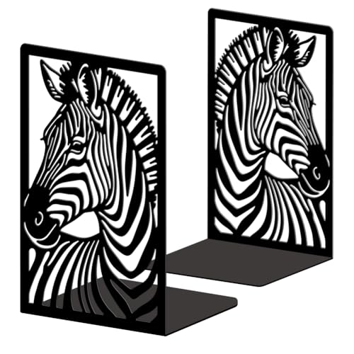 Peacoblue 5.3"x4.3"x7.9" Metal Bookends, Heavy Duty Book Ends for Shelves - style: Zebra