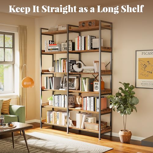 Huuger 6 Tier Bookshelf with 12 Open Shelves and Raised Baffle, Rustic Brown - color: Rustic Brown, size: 6 Tier