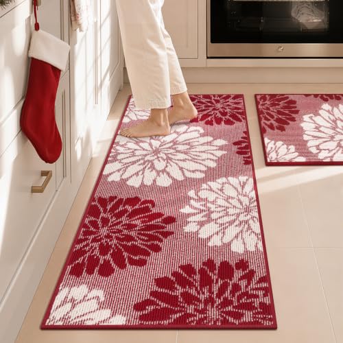 Findosom Christmas Kitchen Rugs Sets of 2, Floral Washable Kitchen Runner - color: Red, size: 24" x 36" + 24" x 60"
