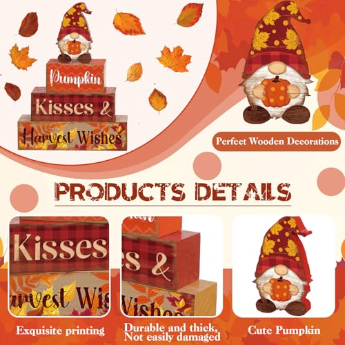 4 Pcs Fall Decor for Home Gnomes Pumpkin Wooden Signs with Harvest Wishes - style: Gnome